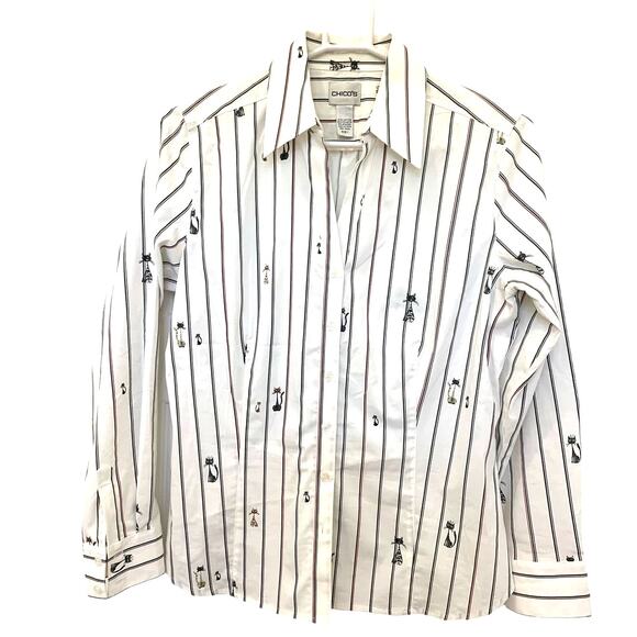 Chico's Cat Print Button Up Shirt 1 US8 M Womens White Business Casual Preppy - Picture 1 of 10